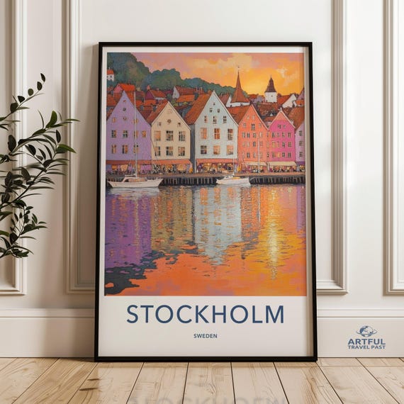 Stockholm Cityscape Print Colorful Scandinavian Wall Art Sunset Harbor Scene Nordic Coastal Decor Travel Poster