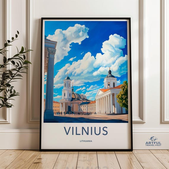Vilnius Lithuania Wall Art Architecture Print Europe Cityscape Travel Poster Cathedral Square Artwork Landmark Decor Clouds