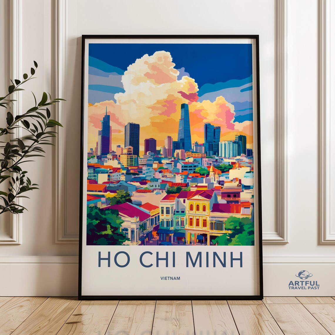 Ho Chi Minh Vietnam Vibrant City Skyline Sunset Vintage Travel Poster