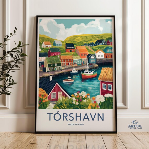 Torshavn Faroe Islands Colorful Harbor Illustration Travel Poster Art