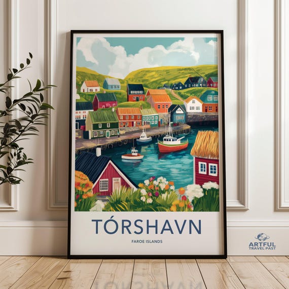 Torshavn Wall Art Print Faroe Islands Artwork Scenic Harbor Poster Colorful Houses Decor Coastal Village Illustration