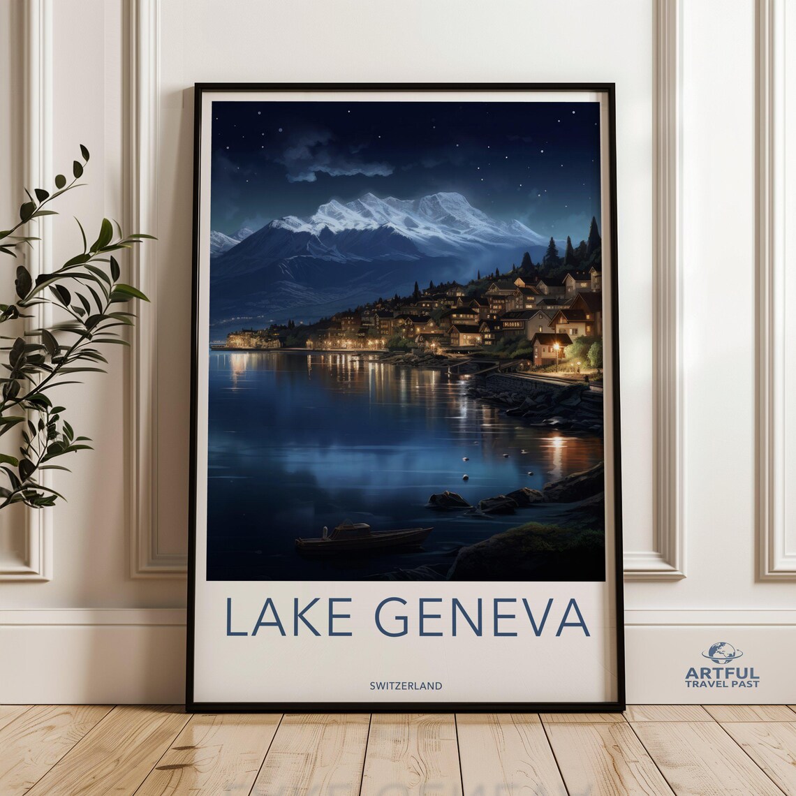 Lake Geneva Switzerland Night Lights Mountain Lake Travel Poster