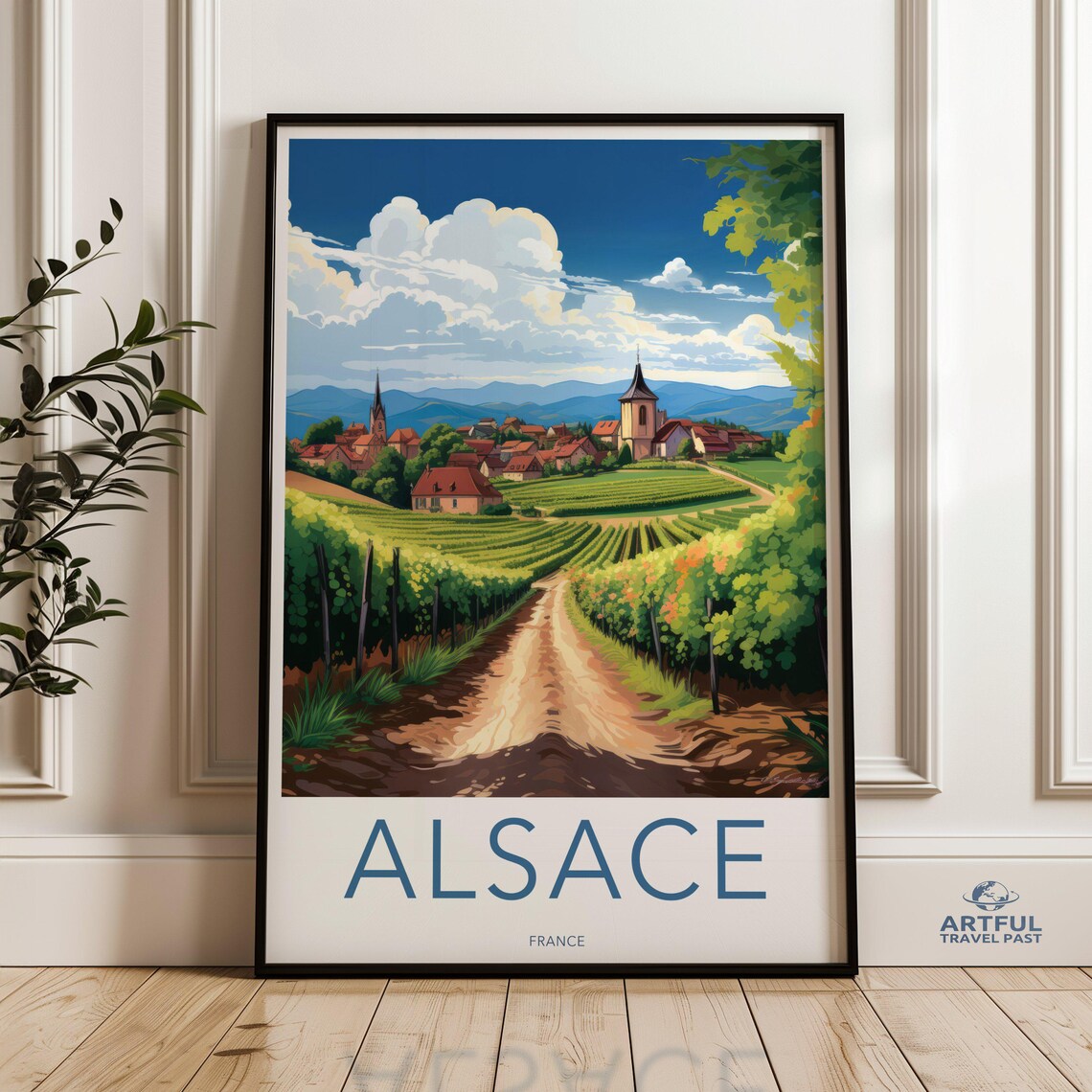 Golden Alsace France Vineyard Rows Village Churches Travel Poster