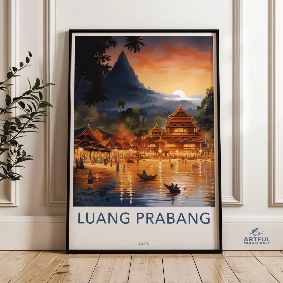 Luang Prabang Laos Sunset River Boats Golden Temple Travel Poster