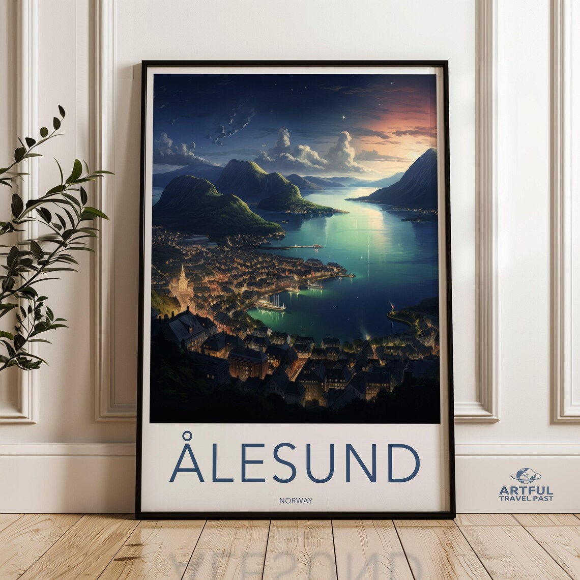 Alesund Norway Coastal Cityscape Dusk Fjord Mountains Travel Poster