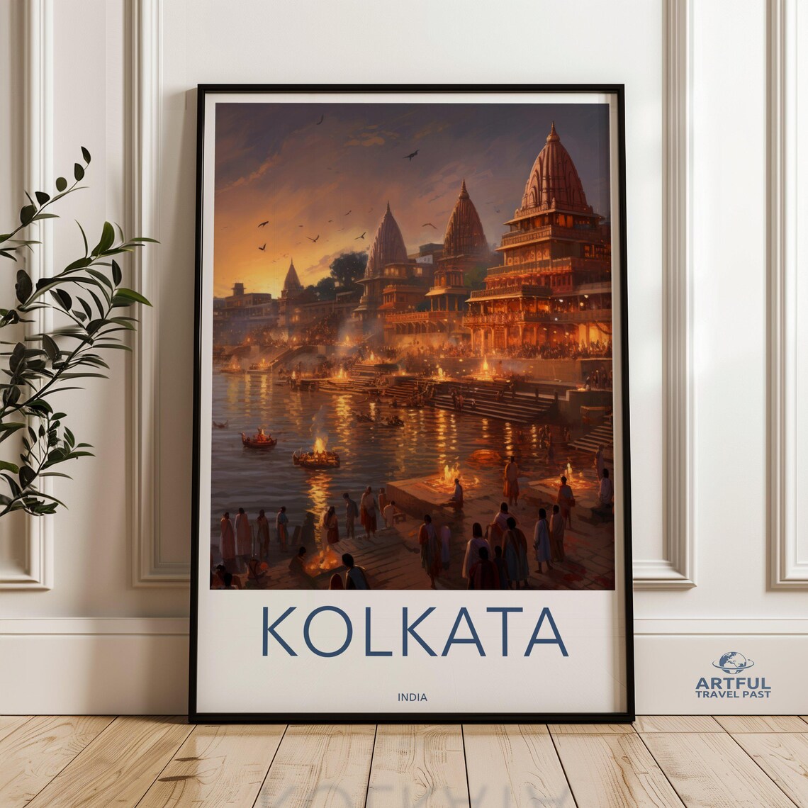 Kolkata India Riverside Temples Golden Evening City Travel Poster
