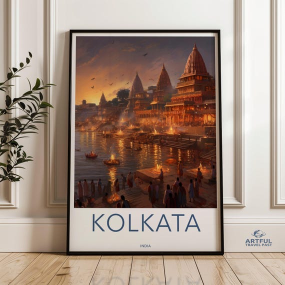 Kolkata Sunset Landscape Wall Art India Riverside Evening Scene Cityscape Painting Spiritual Journey Serene River View