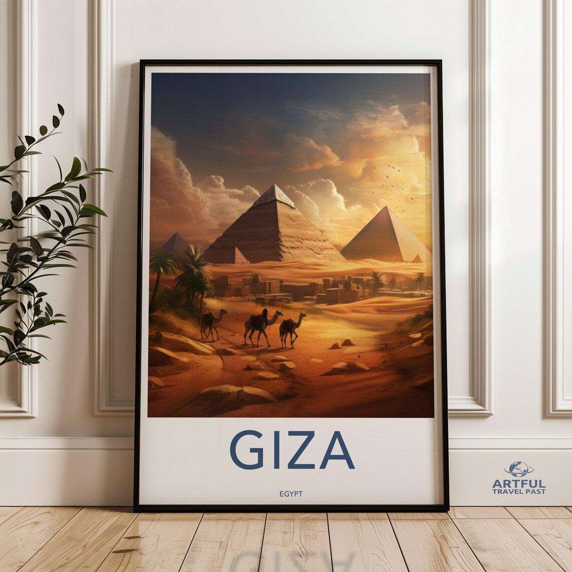 Giza Egypt Pyramids Camels Golden Sunset Vintage Travel Art Poster