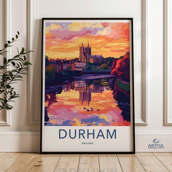 Durham England Skyline Reflection Wall Art Sunset Cityscape Print Colorful Landscape Painting City Landmark Decor