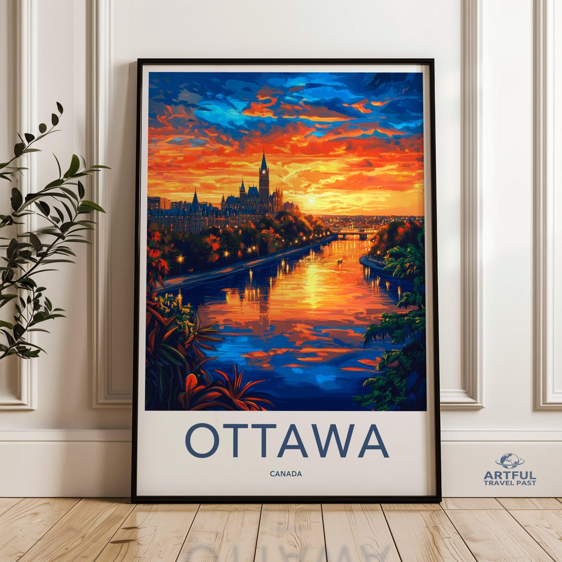 Ottawa Canada Parliament Hill Sunset River Reflection Travel Poster