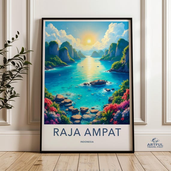 Raja Ampat Indonesia Travel Poster Tropical Paradise Wall Art Scenic Landscape Print Beach Decor Coastal Sunset Illustration