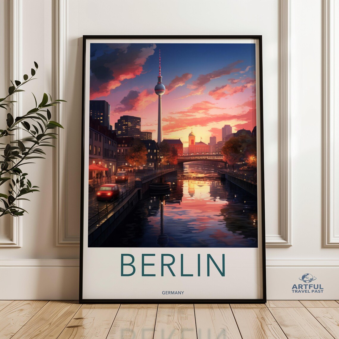 Berlin Germany Travel Poster TV Tower Canal Sunset Cityscape Decor