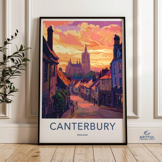 Canterbury England Skyline Wall Art Cityscape Poster Colorful Sunset Print Travel Decor Historic City Illustration