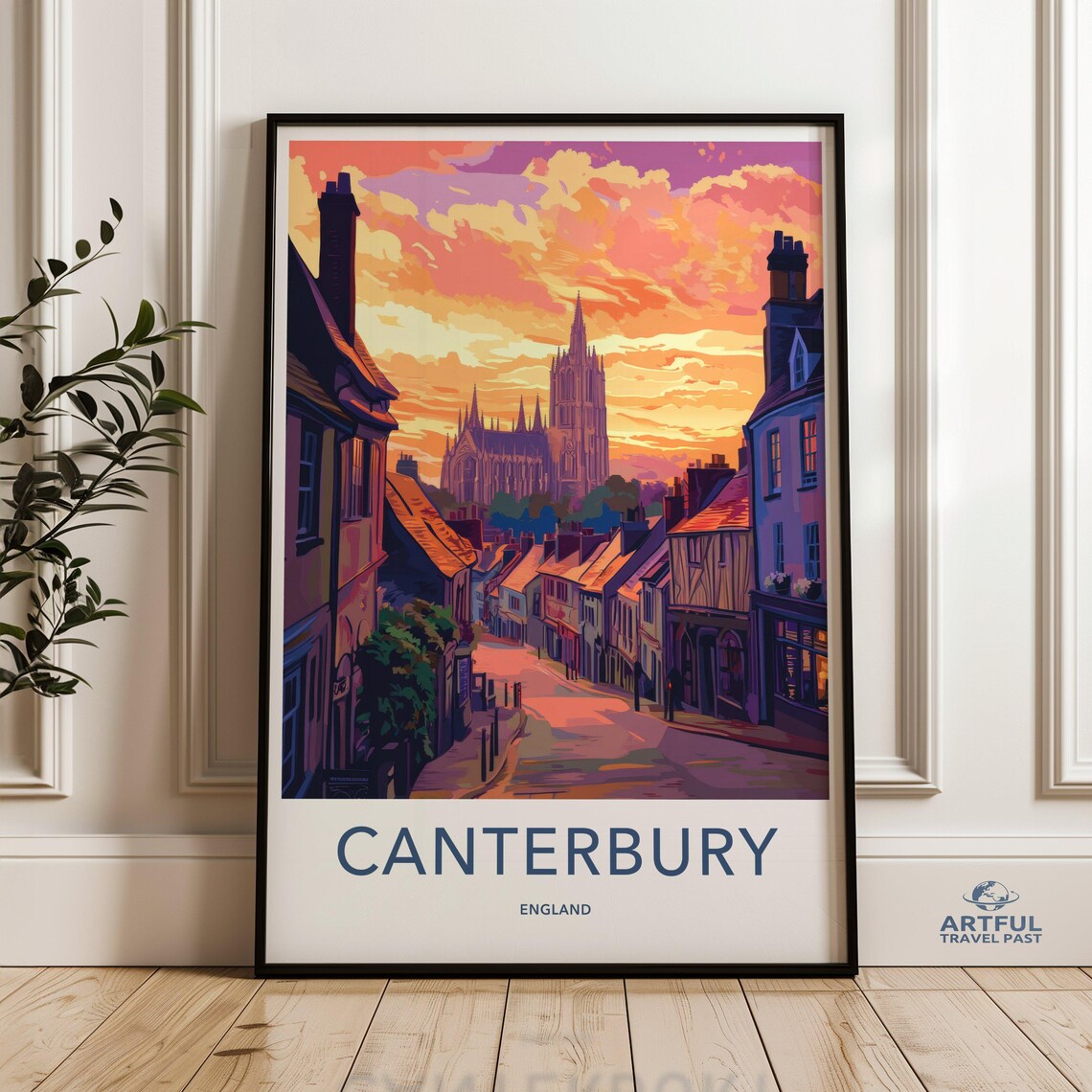 Canterbury England Cathedral Sunset Old Town Street Travel Poster