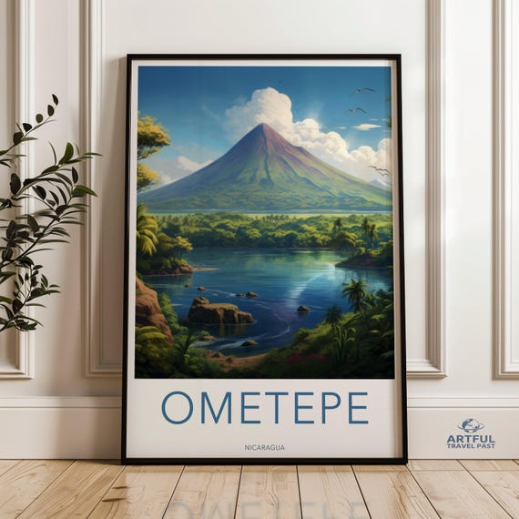 Ometepe Wall Art Nicaragua Travel Poster Beautiful Volcano Landscape Print Scenic Lake View Artwork Central America Decor