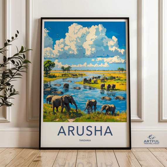 African Elephants Wall Art Arusha Tanzania Poster Wildlife Safari Print Nature Landscape Decor Living Room Artwork