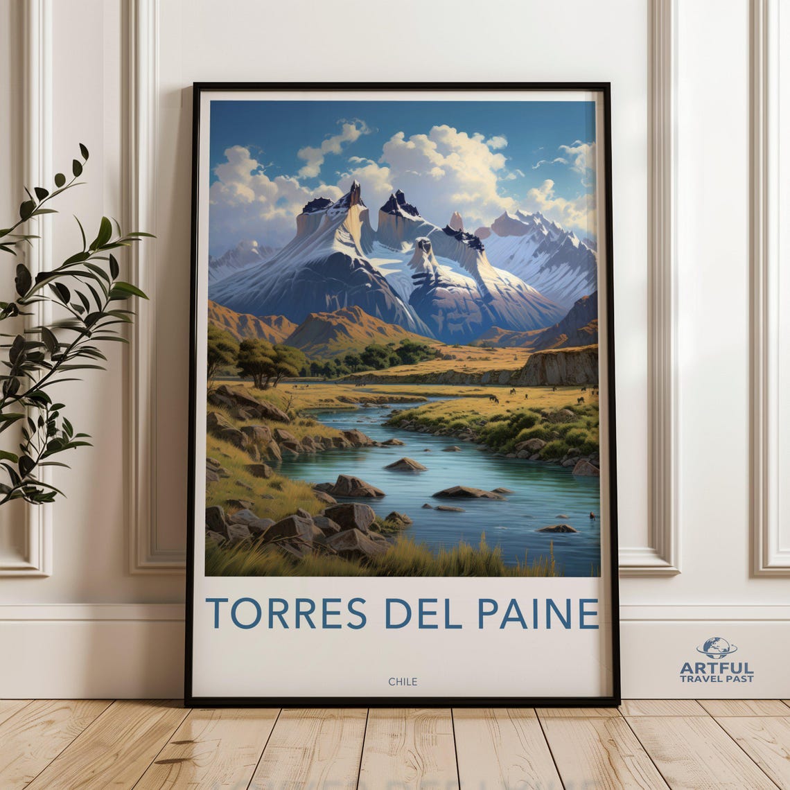 Torres del Paine Chile Patagonia River Peaks Vintage Travel Poster