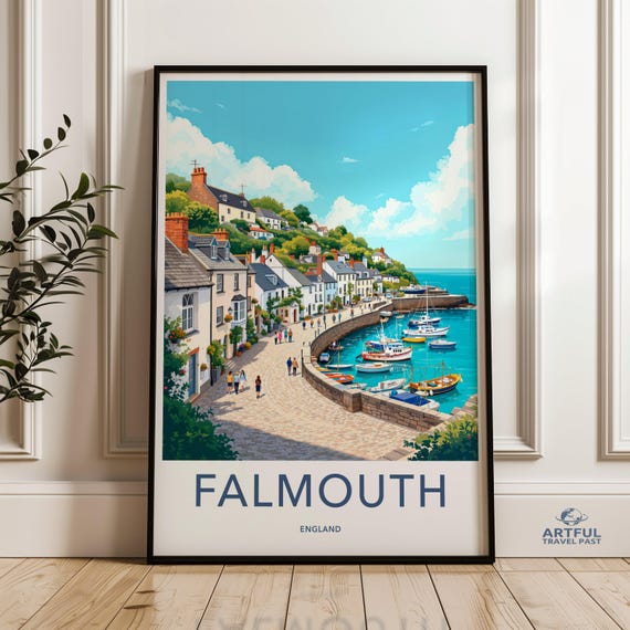 Falmouth England Wall Art Print Coastal Town Illustration Harbor Scene Artwork Seaside Village Decor Travel Poster Home Decoration
