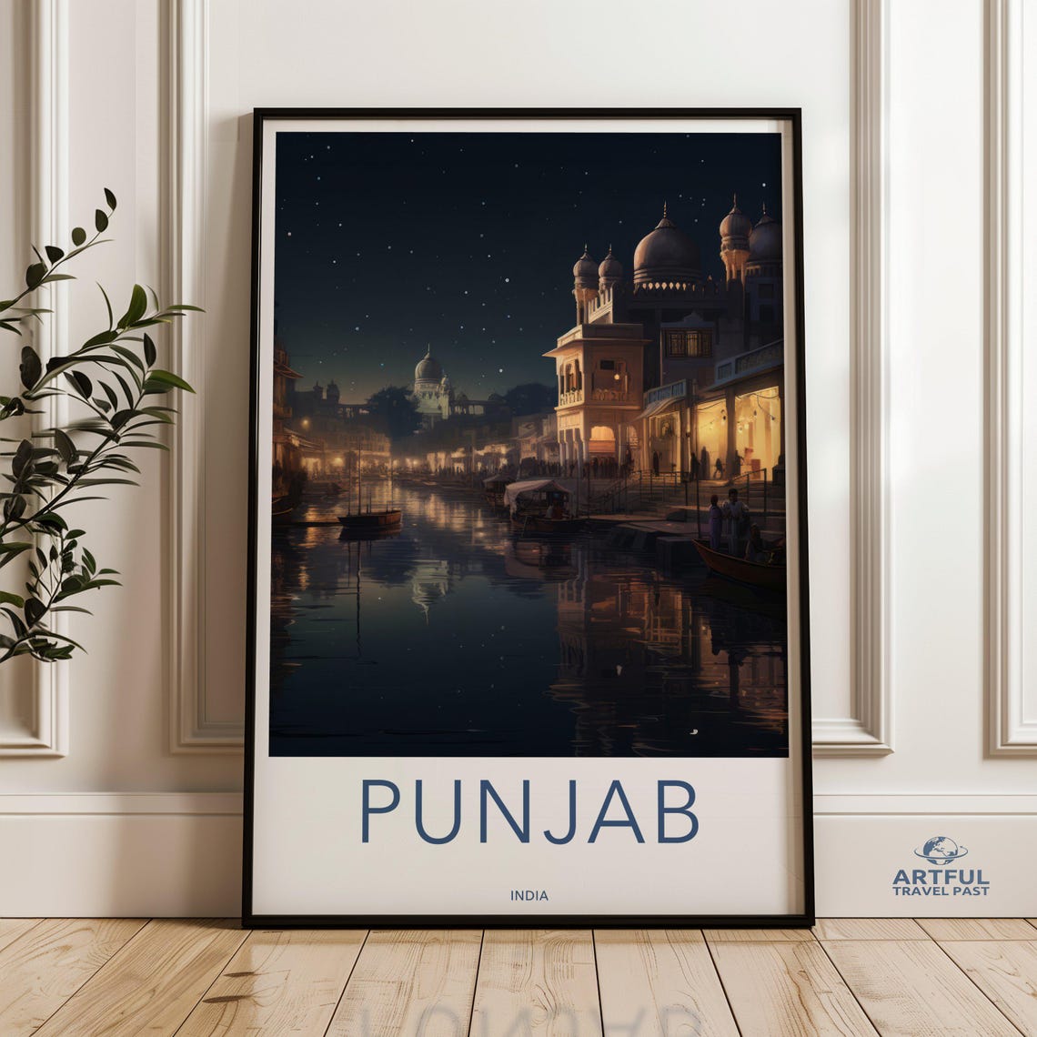 Punjab India Moonlit Riverside Temple Night Skyline Travel Poster