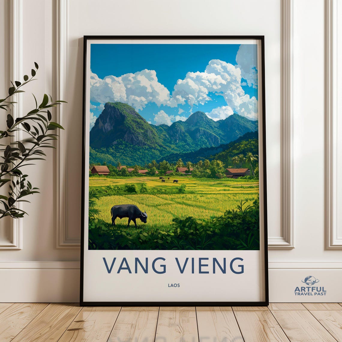 Vang Vieng Laos Water Buffalo Rice Fields Mountain Travel Poster