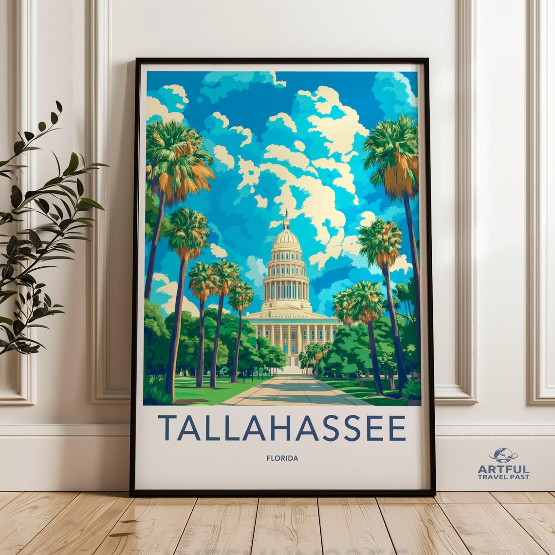 Tallahassee Florida Capitol Palm Trees Vintage Travel Poster