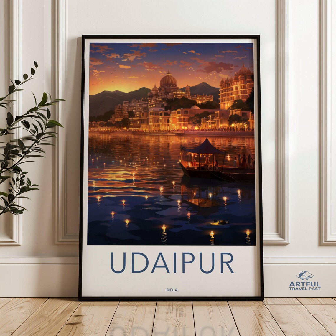 Udaipur India Sunset Palace Lake Reflection Boat Vintage Travel Poster
