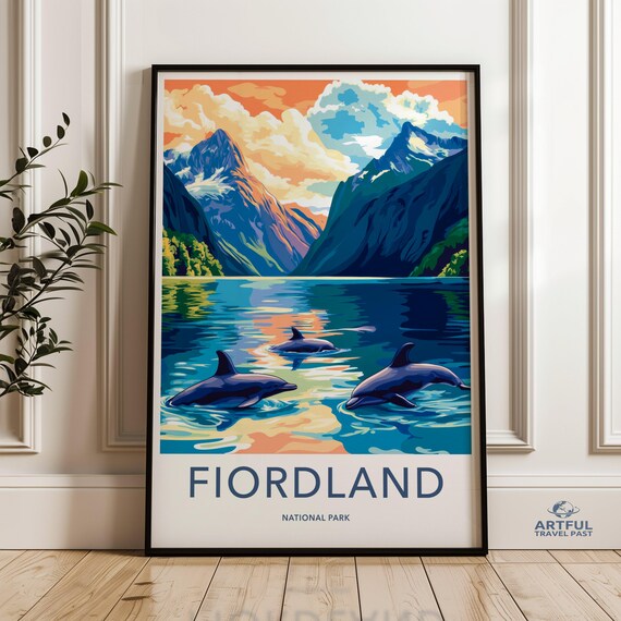 Fiordland National Park Dolphins Mountain Fjord Travel Poster