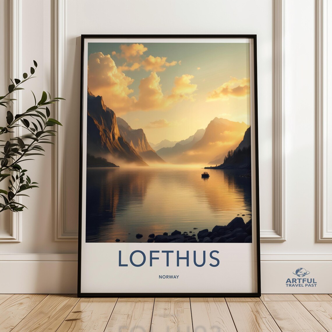 Lofthus Norway Golden Sunset Fjord Boat Scenic Travel Poster