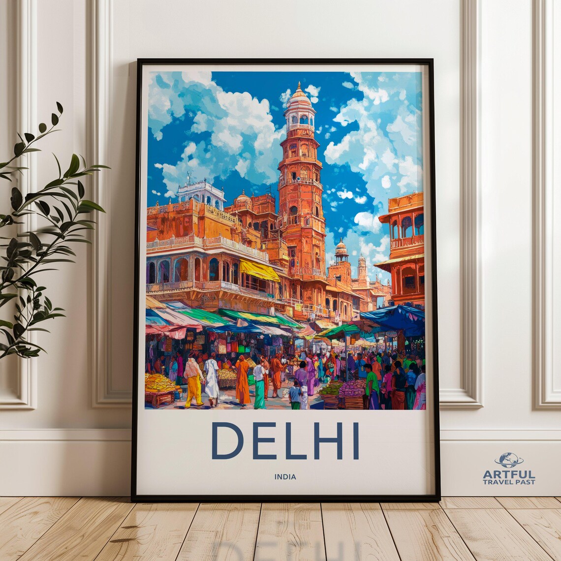 Delhi India Wall Art Colorful Cityscape Print Market Scene Travel Poster South Asia Architecture Painting Vibrant Crowd