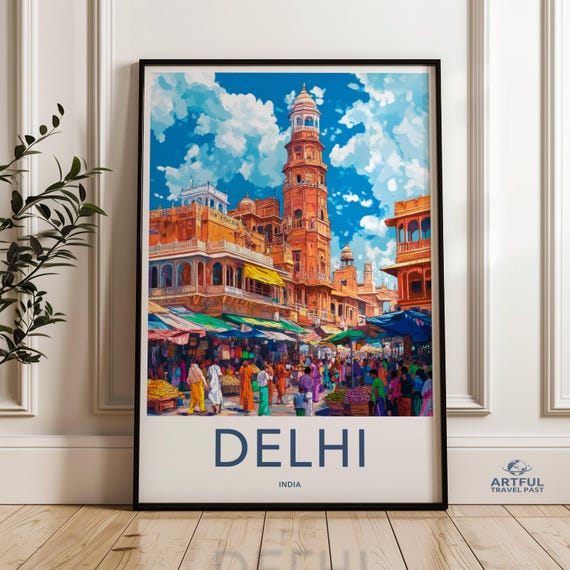 Delhi India Wall Art Colorful Cityscape Print Market Scene Travel Poster South Asia Architecture Painting Vibrant Crowd