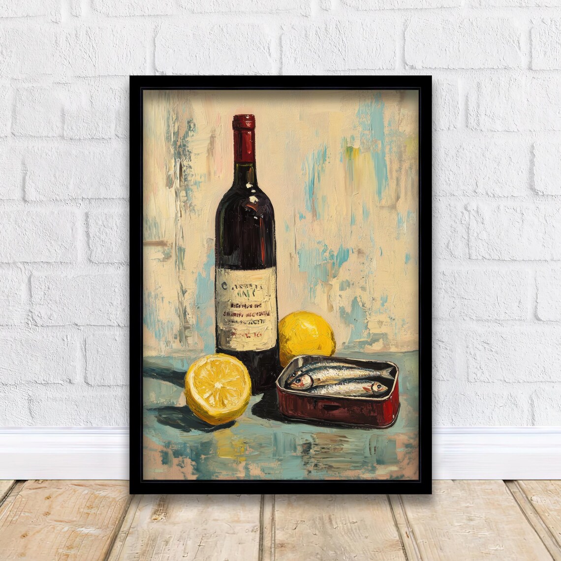 French Bistro Still Life Red Wine Lemons Sardines Oil Painting Poster