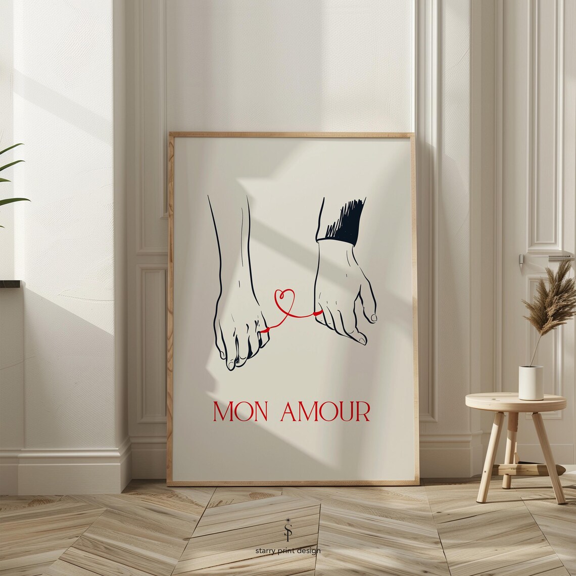 Mon Amour Couple Line Art Poster With Red Heart Valentine Wall Decor