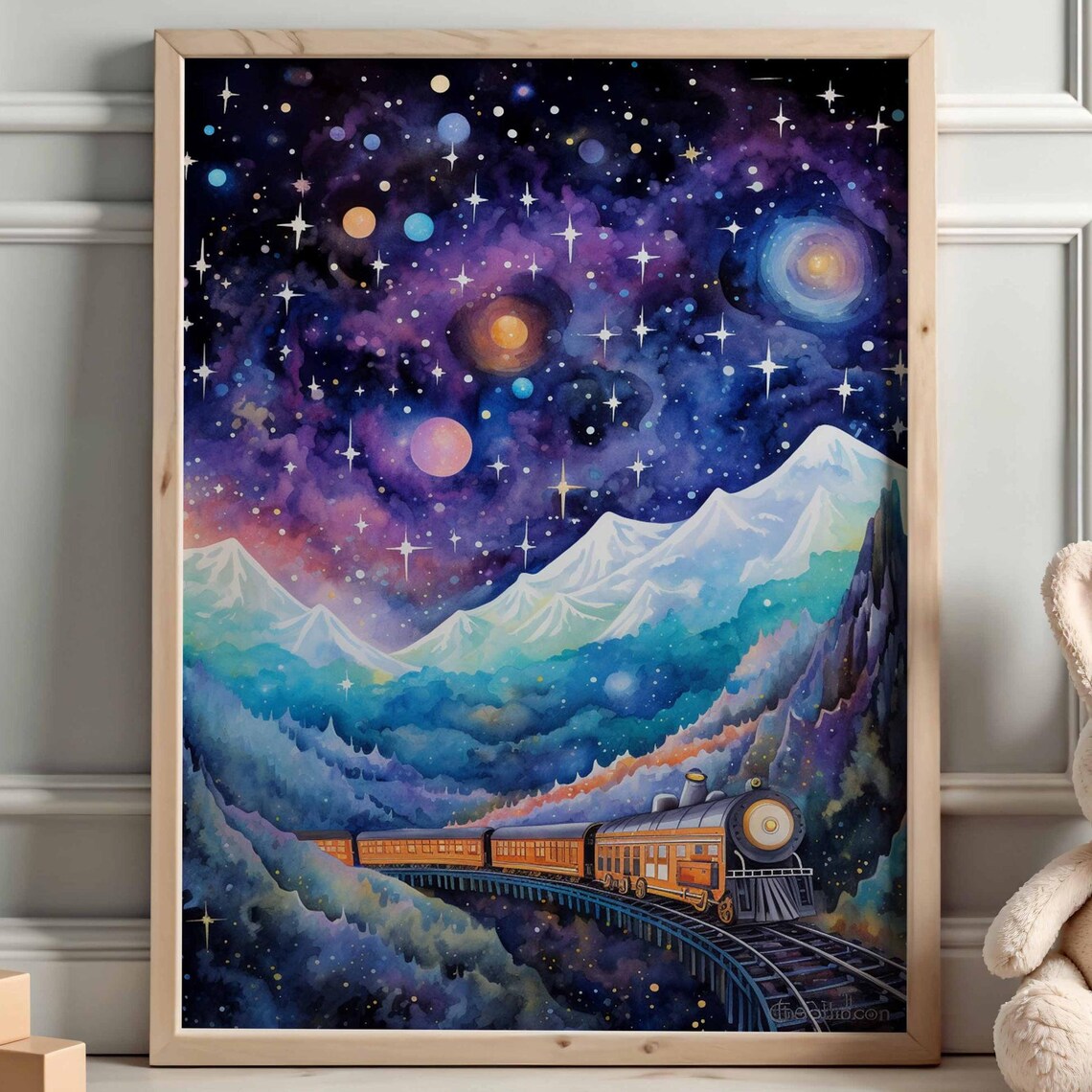 Galaxy Night Sky Train Crossing Trestle Starlit Mountains Poster