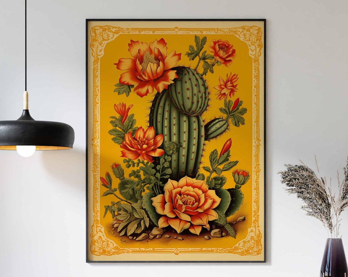 Vintage Golden Yellow Barrel Cactus Blossoms Botanical Art Print