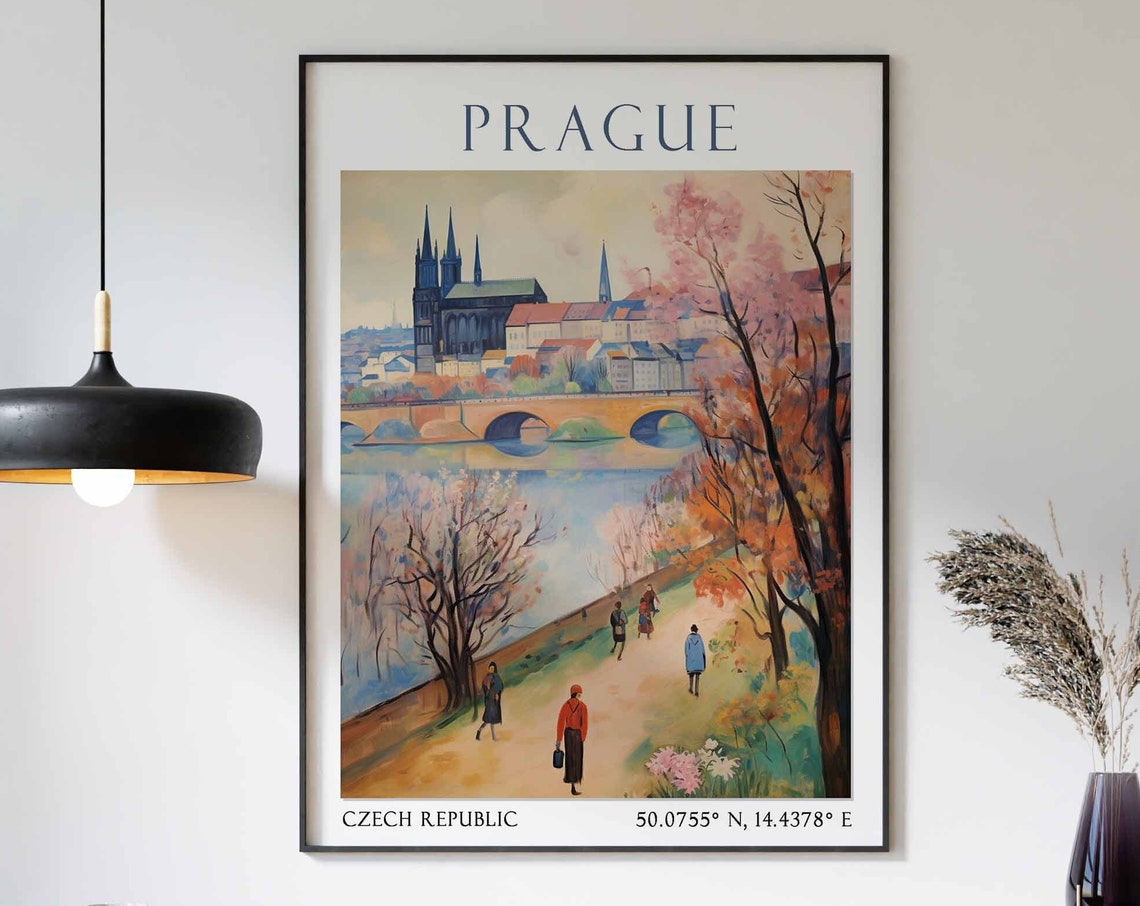 Prague Czech Republic Spring Riverside Path Cathedral Bridge Poster