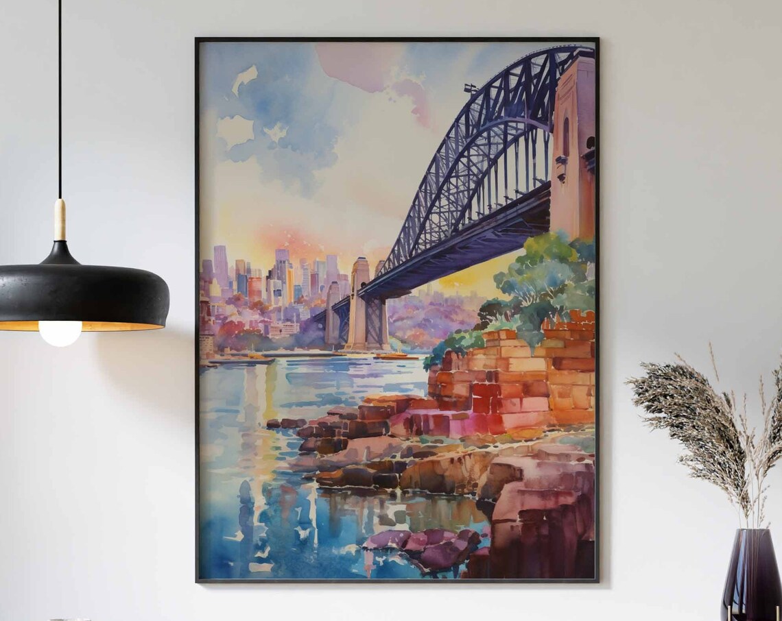 Sydney Harbour Bridge Watercolor Poster with City Skyline View