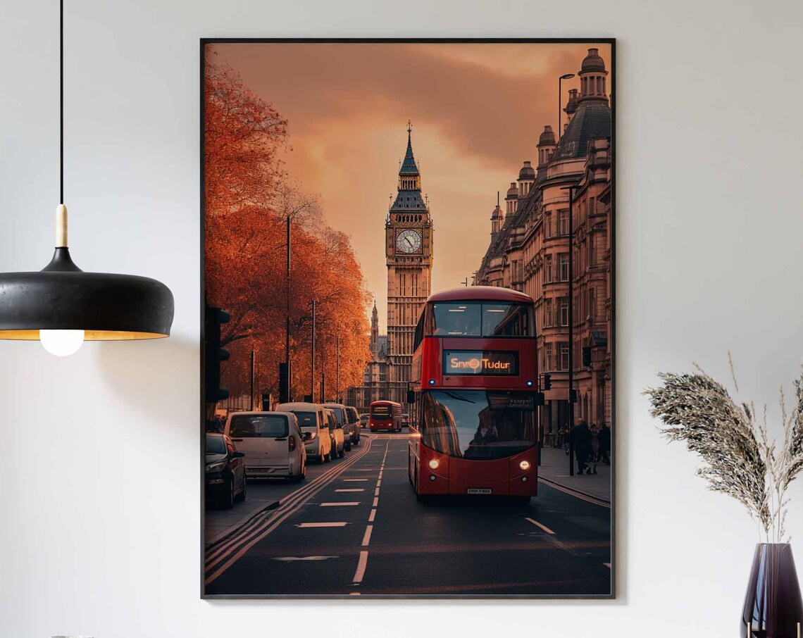 Big Ben and Red Double-Decker Bus Golden Sunset Poster in London