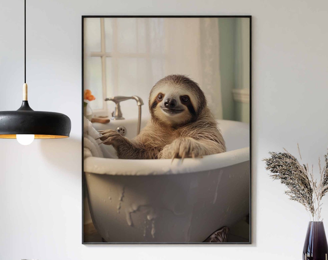 Happy Smiling Sloth Soaking in a Bathtub Funny Bathroom Poster