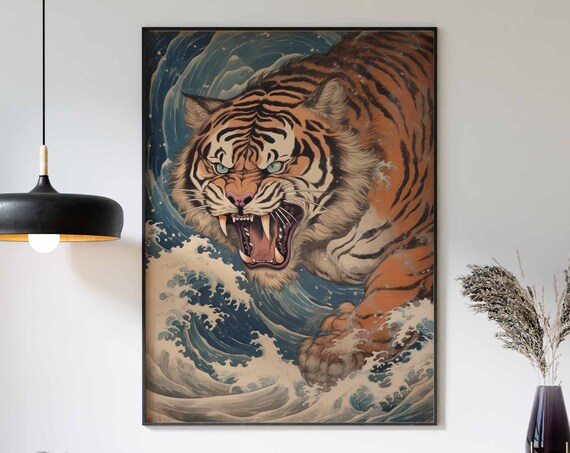 Roaring Tiger Great Wave Japanese Ukiyo-E Style Decor Poster