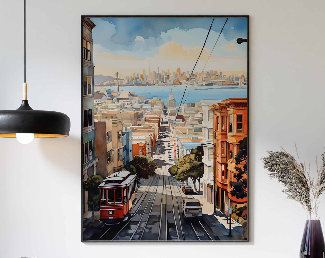 San Francisco Cable Car Street Scene Watercolor Travel Poster