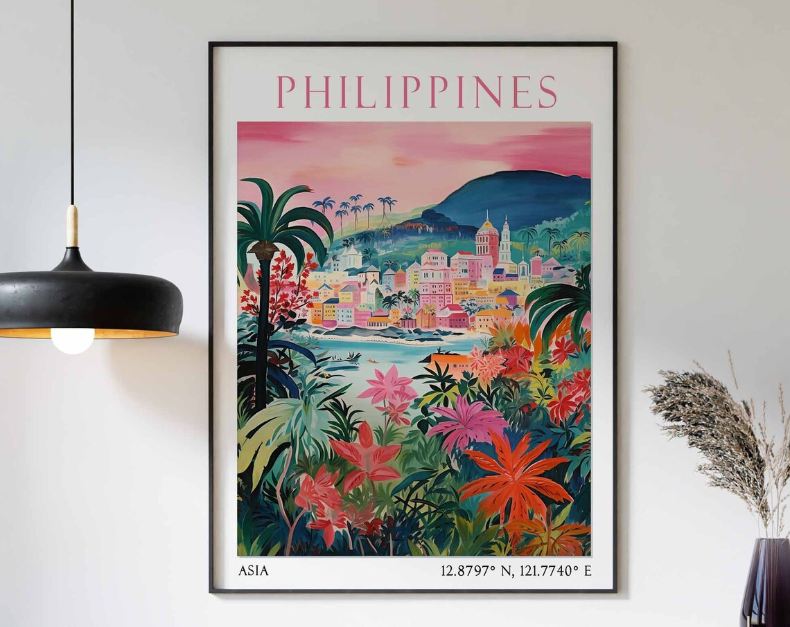 Philippines Coastal Town Church Sunset Tropical Flowers Poster