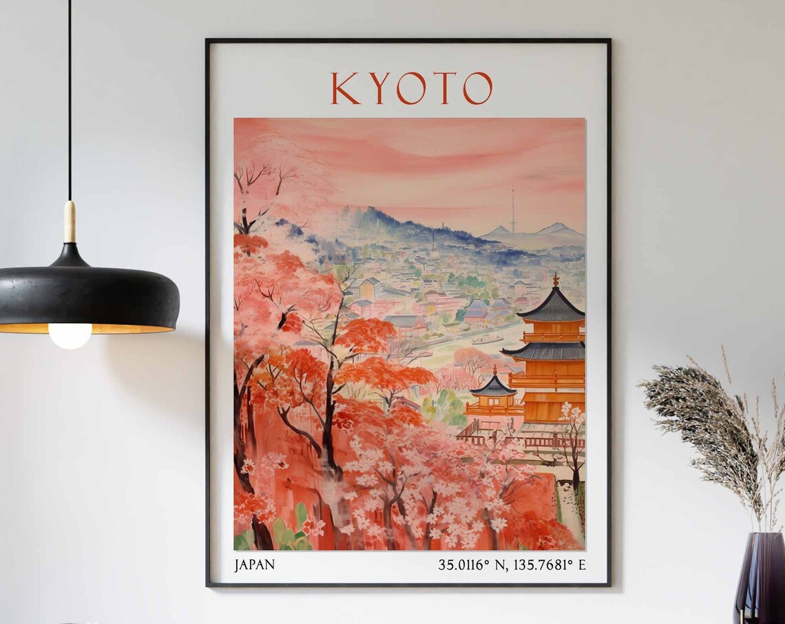 Kyoto Hillside Temple Red Maple Forest Watercolor Travel Poster