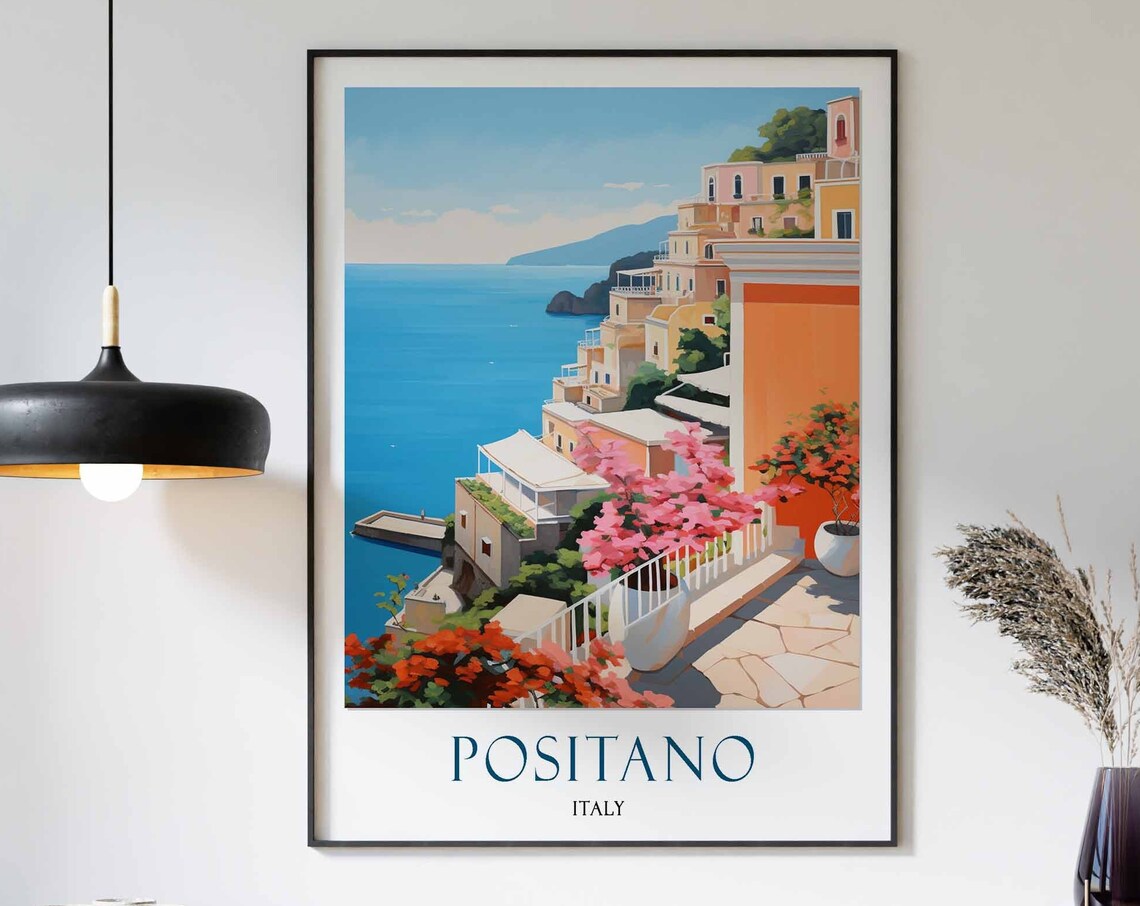 Positano Italy Sea View Terrace Pink Bougainvillea Bell Tower Poster