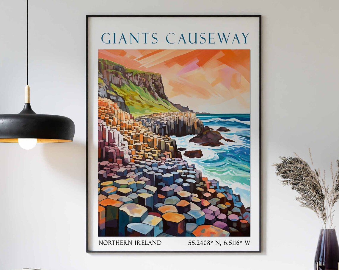 Giants Causeway Basalt Rock Columns at Fiery Sunset Poster Art