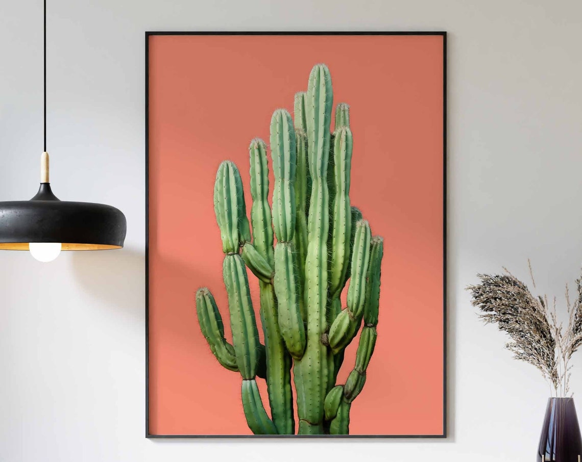 Tall Green Columnar Cacti on a Warm Coral Background Minimalist Poster