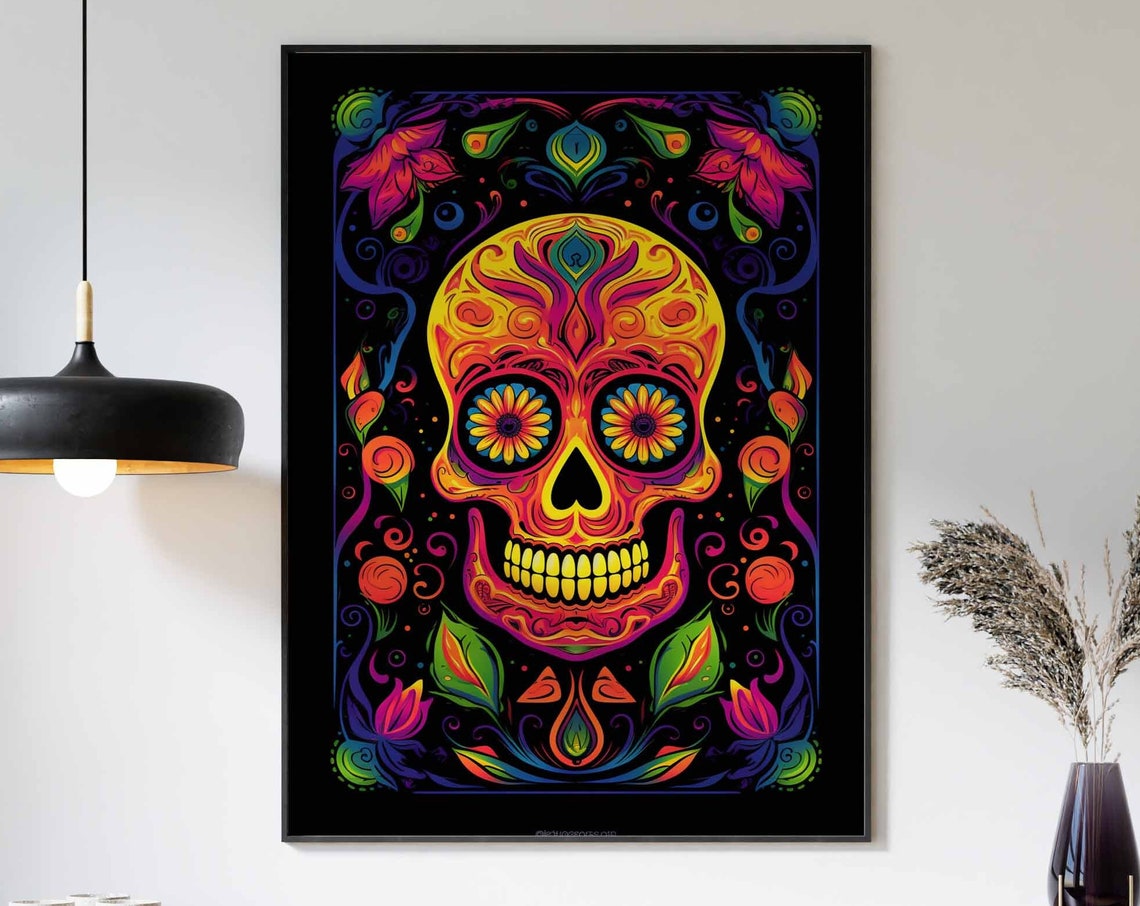 Fiery Orange and Red Sugar Skull Poster with Daisy Eyes Decor