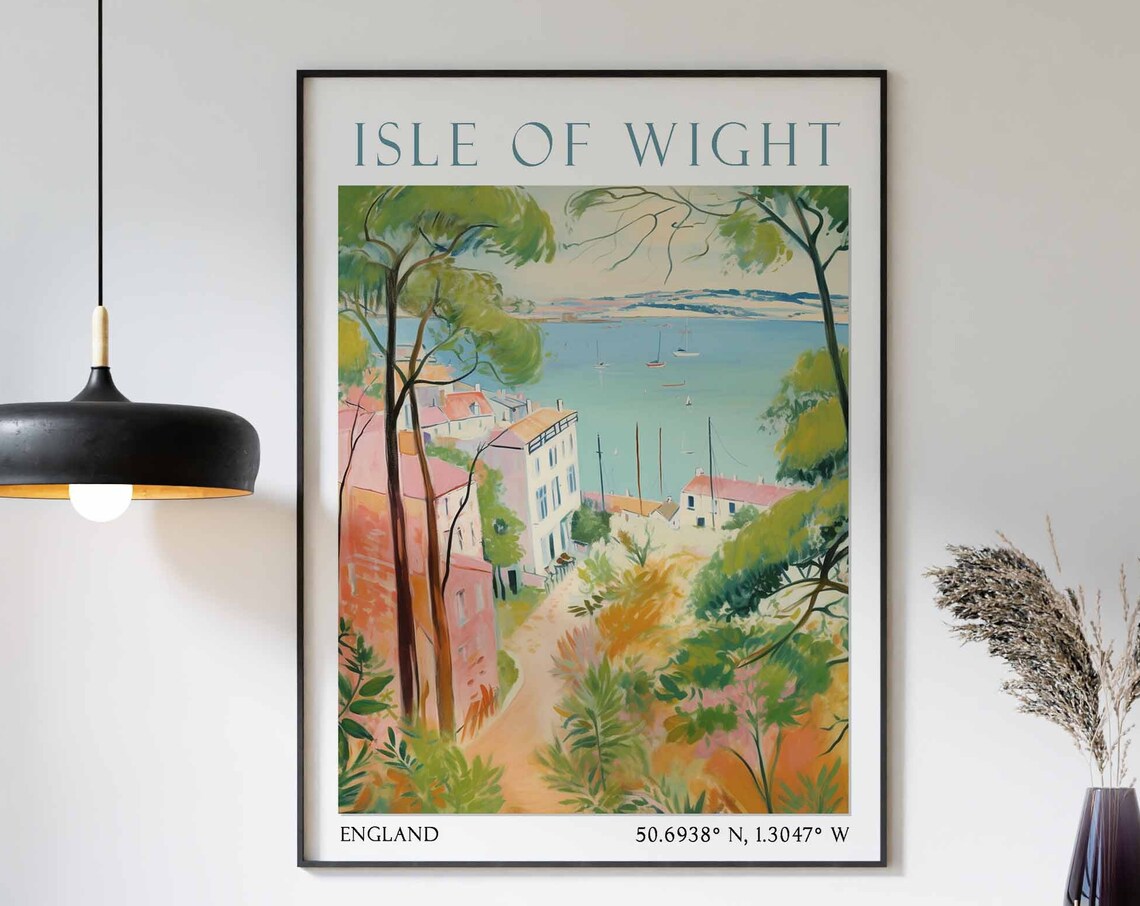 Isle of Wight Coastal Town Harbor Sailboats Watercolor Travel Poster