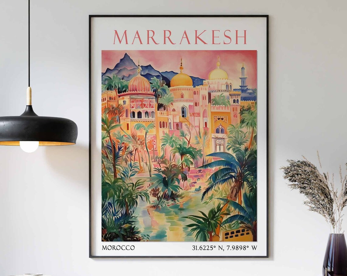 Marrakesh Golden Domed Palace and Palms Watercolor Travel Poster
