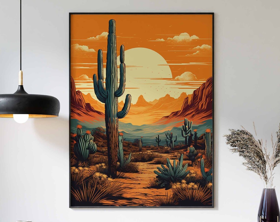 Retro Desert Sunset Poster with Saguaro Cactus and Red Canyon