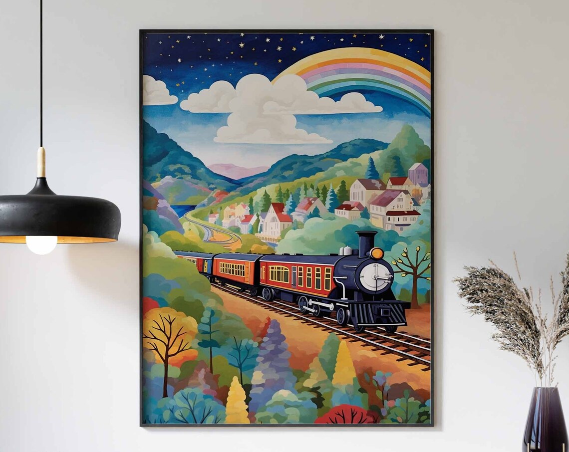 Steam Train Rainbow Night Valley Village Nursery Room Poster